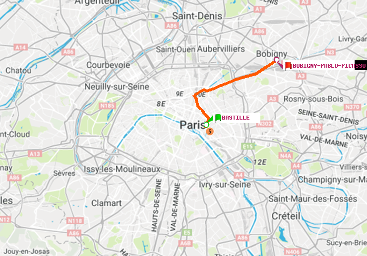plan itinéraire ratp de Bastille à Bobigny-Pablo-Picasso