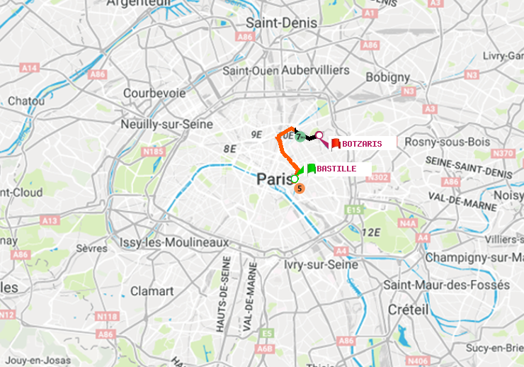 plan itinéraire ratp de Bastille à Botzaris