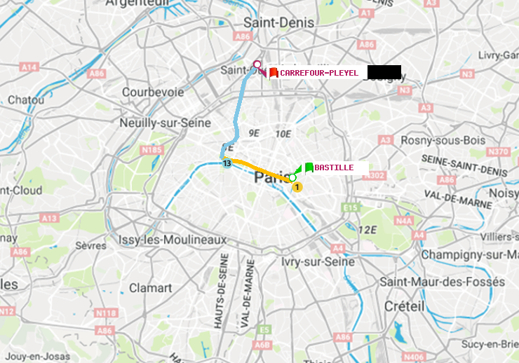 plan itinéraire ratp de Bastille à Carrefour-Pleyel