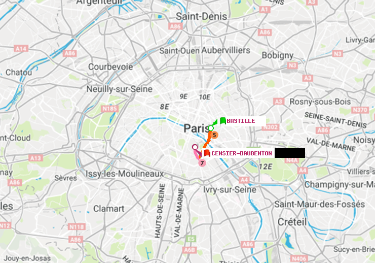 plan itinéraire ratp de Bastille à Censier-Daubenton