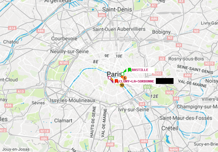 plan itinéraire ratp de Bastille à Cluny-La Sorbonne