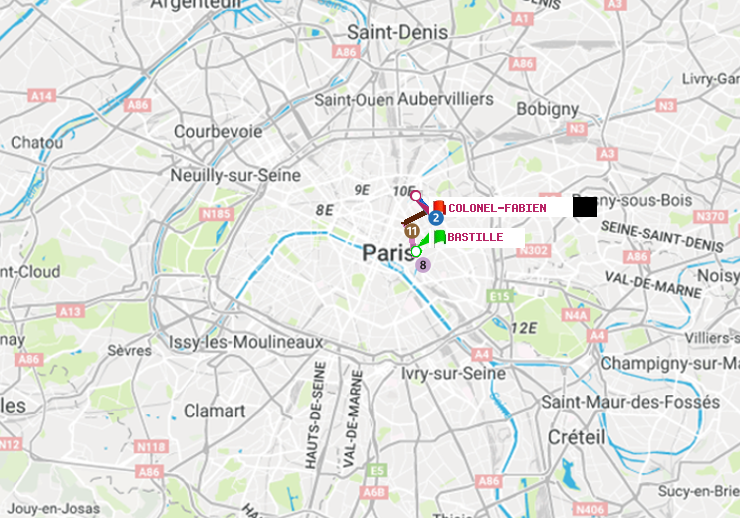 plan itinéraire ratp de Bastille à Colonel Fabien