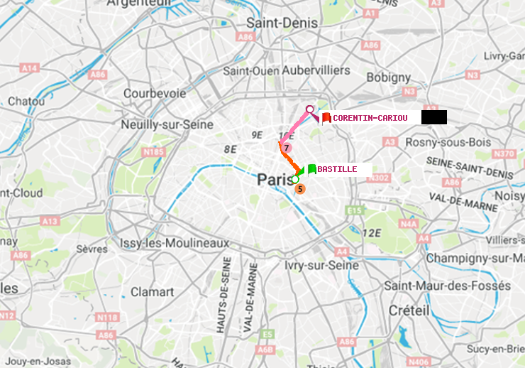 plan itinéraire ratp de Bastille à Corentin-Cariou
