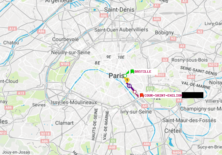 plan itinéraire ratp de Bastille à Cour Saint-Emilion