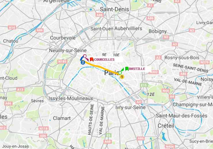 plan itinéraire ratp de Bastille à Courcelles