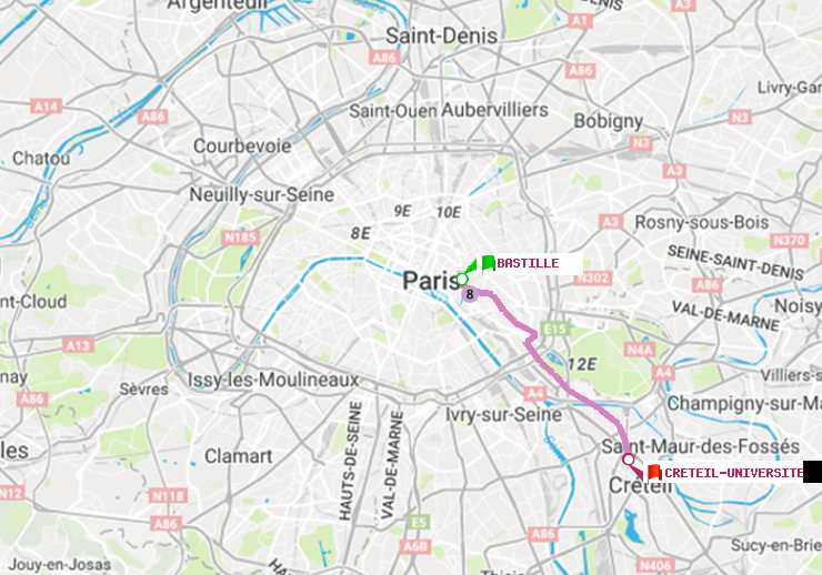 plan itinéraire ratp de Bastille à Créteil-Université