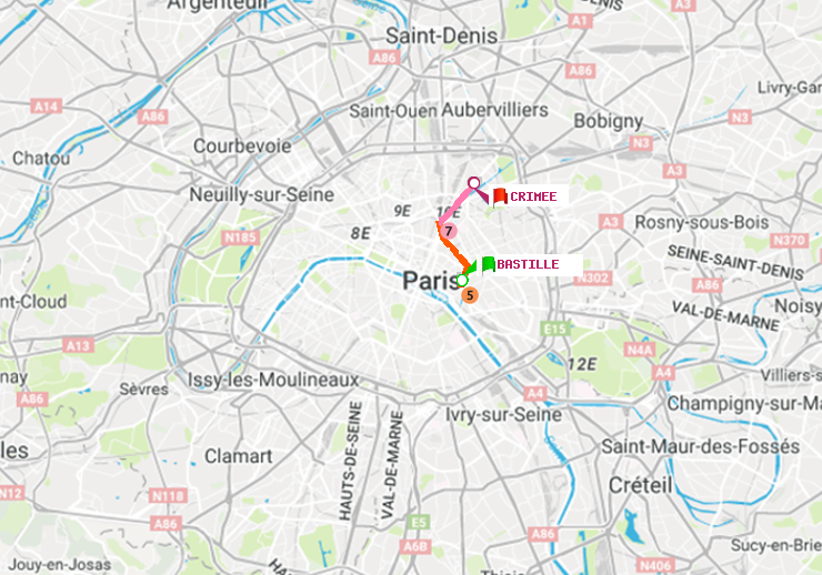 plan itinéraire ratp de Bastille à Crimée
