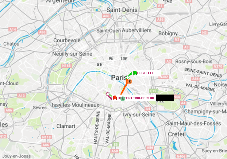 plan itinéraire ratp de Bastille à Denfert-Rochereau