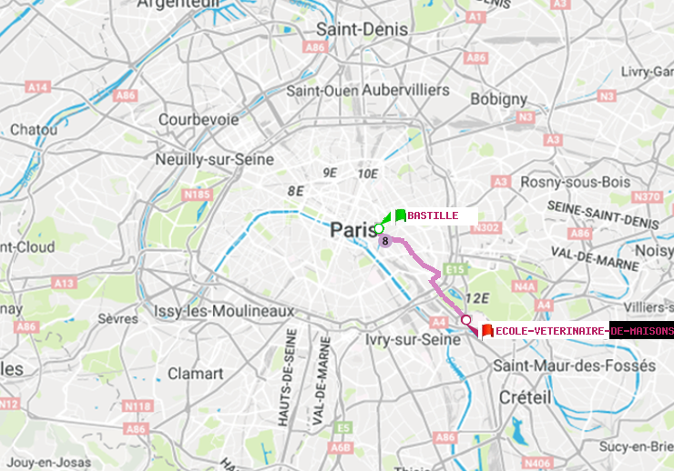 plan itinéraire ratp de Bastille à Ecole Vétérinaire de Maisons-Alfort