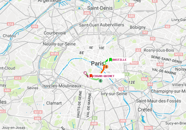 plan itinéraire ratp de Bastille à Edgar-Quinet