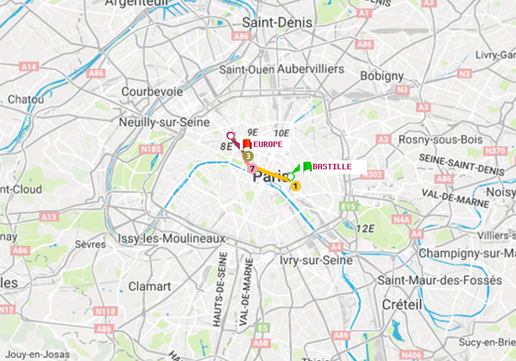 plan itinéraire ratp de Bastille à Europe