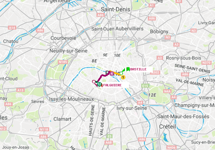 plan itinéraire ratp de Bastille à Falguière