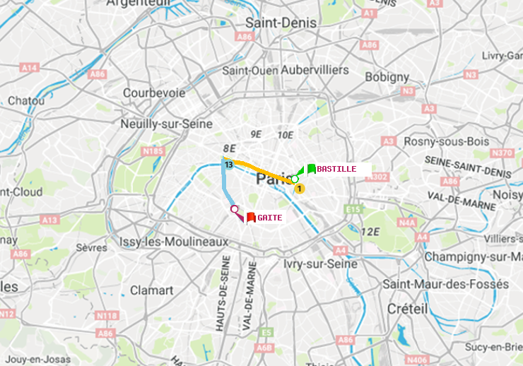 plan itinéraire ratp de Bastille à Gaité