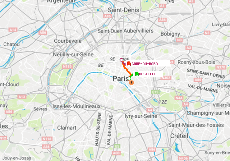 plan itinéraire ratp de Bastille à Gare du Nord