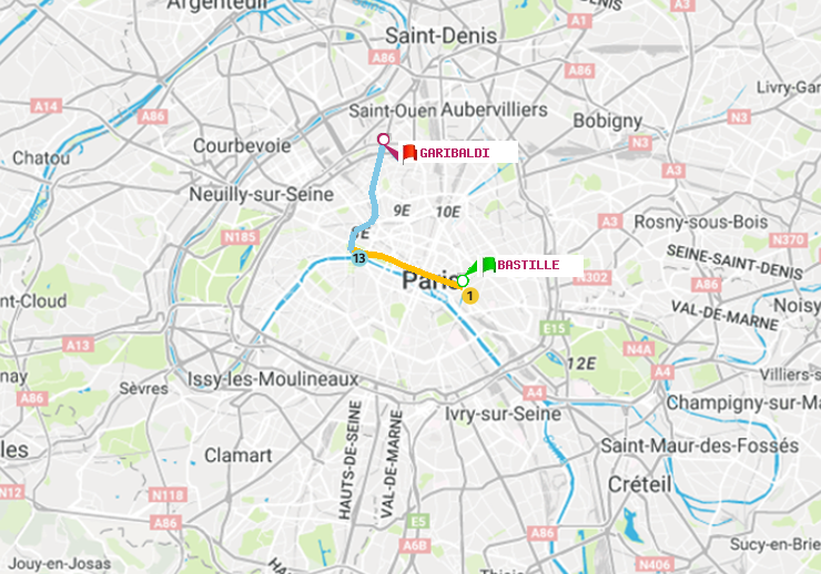 plan itinéraire ratp de Bastille à Garibaldi