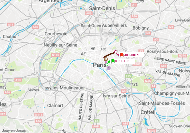 plan itinéraire ratp de Bastille à Jourdain