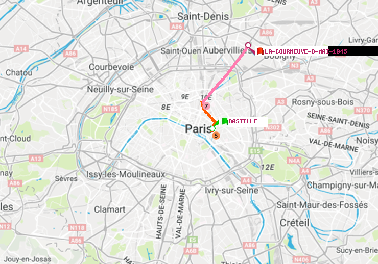 plan itinéraire ratp de Bastille à La Courneuve-8-Mai-1945