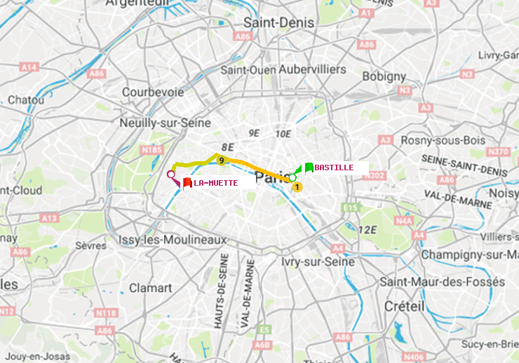 plan itinéraire ratp de Bastille à La Muette