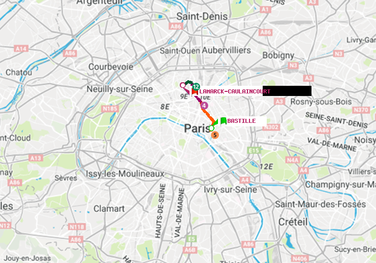 plan itinéraire ratp de Bastille à Lamarck-Caulaincourt