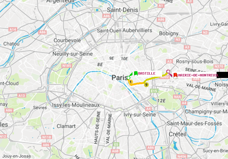 plan itinéraire ratp de Bastille à Mairie de Montreuil