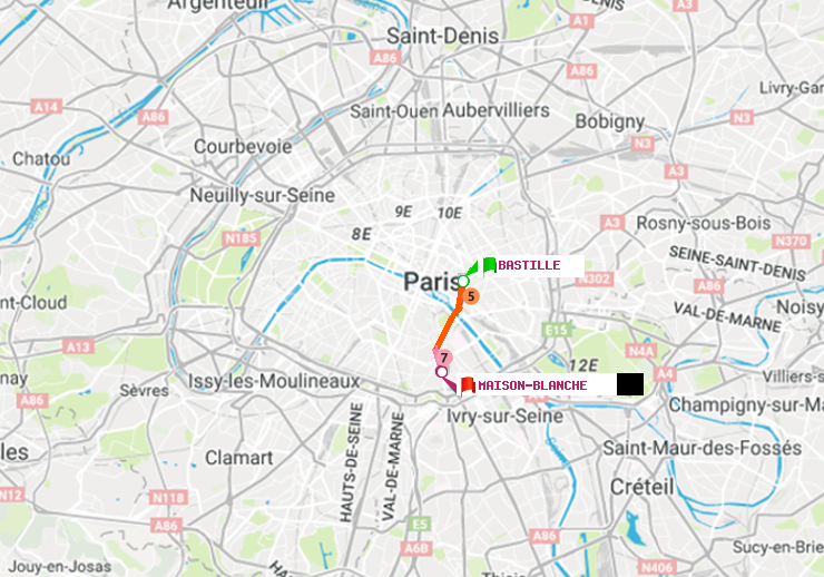 plan itinéraire ratp de Bastille à Maison Blanche