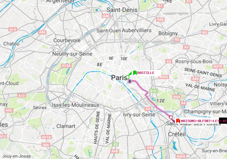 plan itinéraire ratp de Bastille à Maisons-Alfort-Les Juilliottes