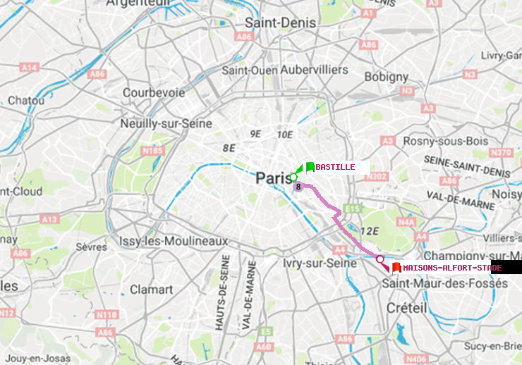 plan itinéraire ratp de Bastille à Maisons-Alfort-Stade