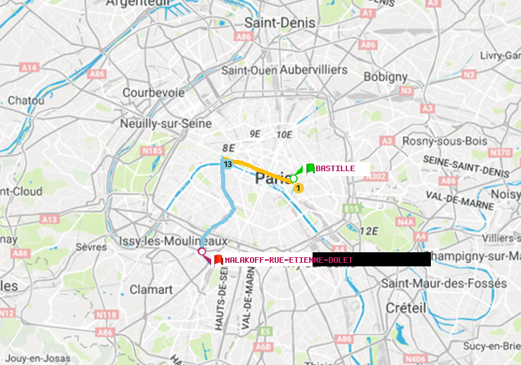 plan itinéraire ratp de Bastille à Malakoff-Rue Etienne Dolet