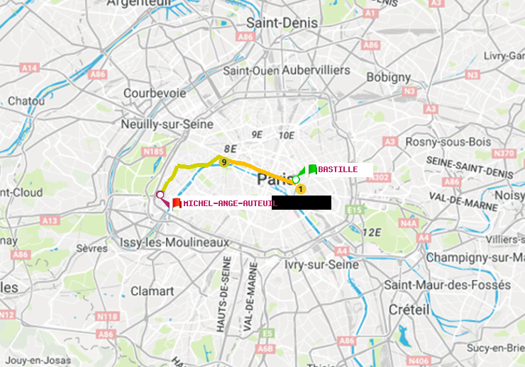 plan itinéraire ratp de Bastille à Michel-Ange-Auteuil