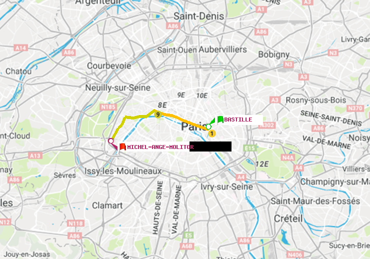 plan itinéraire ratp de Bastille à Michel-Ange-Molitor