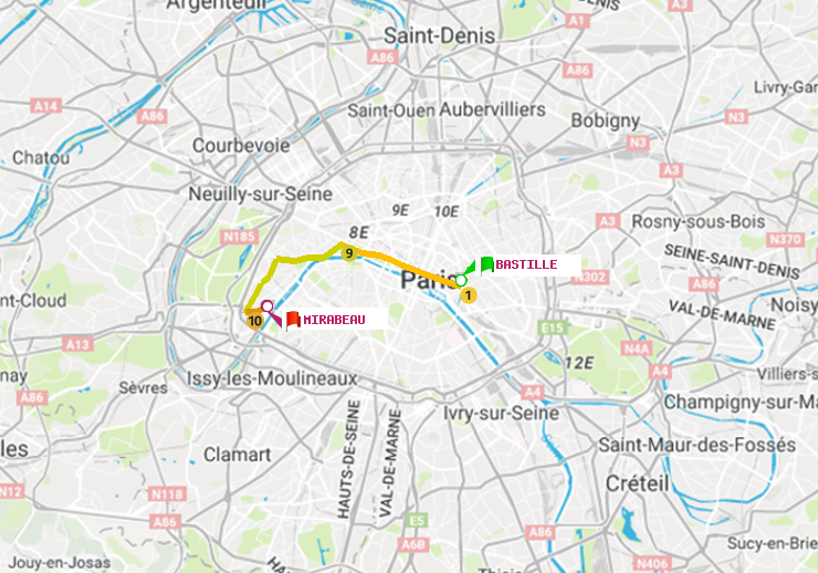 plan itinéraire ratp de Bastille à Mirabeau