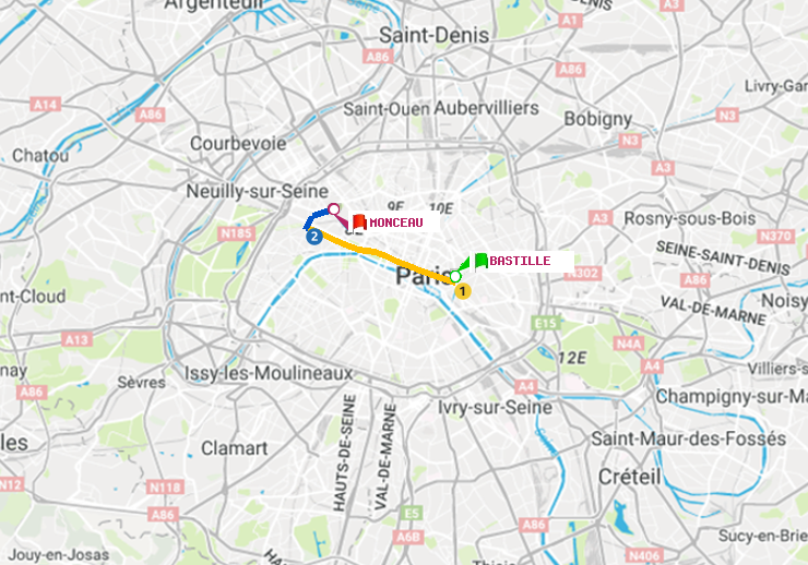 plan itinéraire ratp de Bastille à Monceau