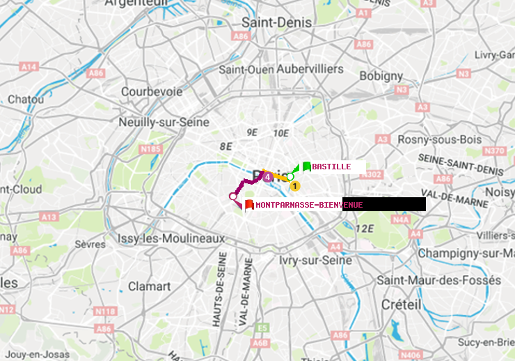 plan itinéraire ratp de Bastille à Montparnasse-Bienvenue