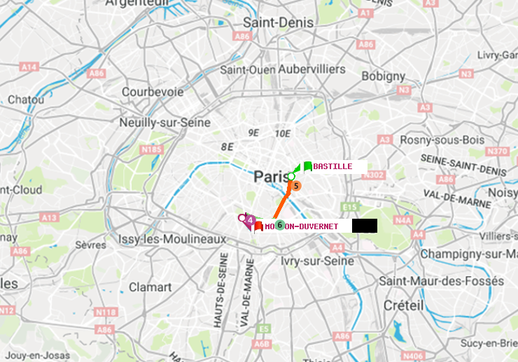 plan itinéraire ratp de Bastille à Mouton-Duvernet
