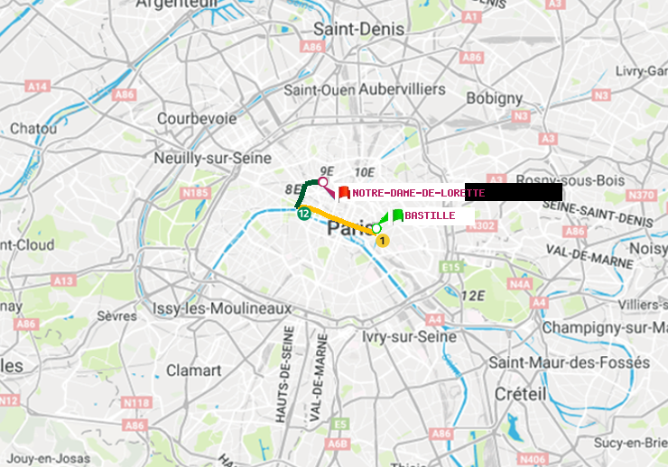 plan itinéraire ratp de Bastille à Notre-Dame de Lorette