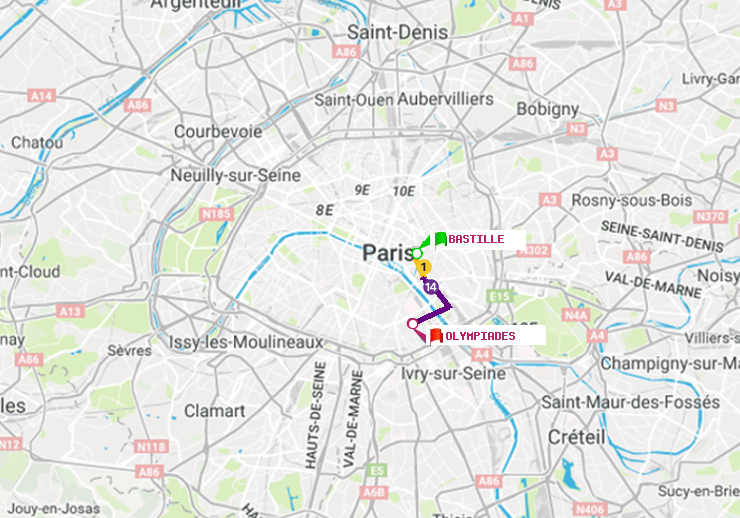 plan itinéraire ratp de Bastille à Olympiades