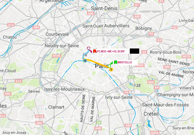 plan itinéraire ratp de Bastille à Place de Clichy