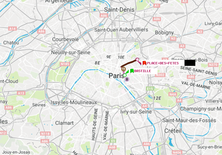 plan itinéraire ratp de Bastille à Place des Fêtes