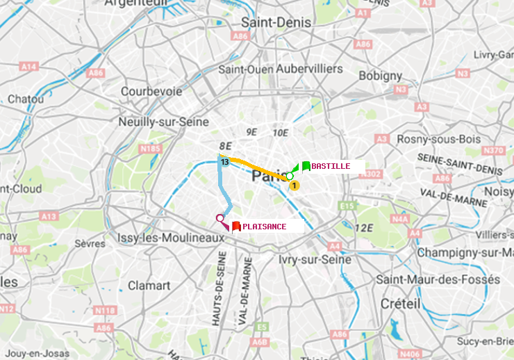 plan itinéraire ratp de Bastille à Plaisance