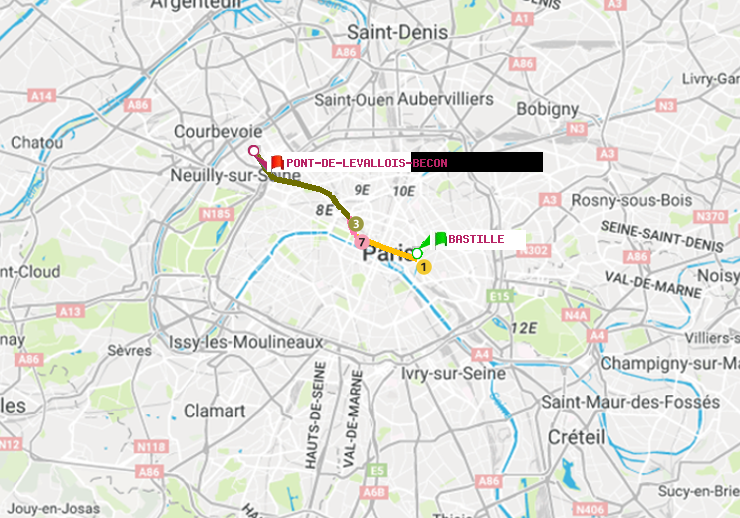 plan itinéraire ratp de Bastille à Pont de Levallois-Bécon