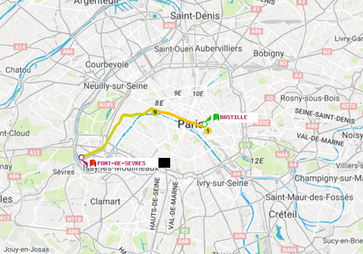 plan itinéraire ratp de Bastille à Pont de Sèvres