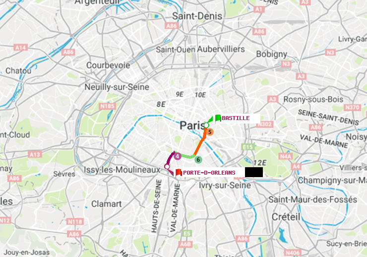 plan itinéraire ratp de Bastille à Porte d