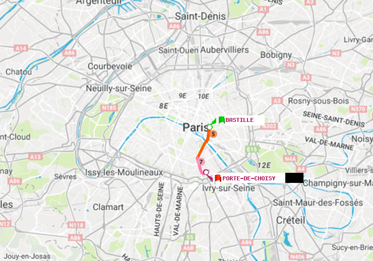 plan itinéraire ratp de Bastille à Porte de Choisy