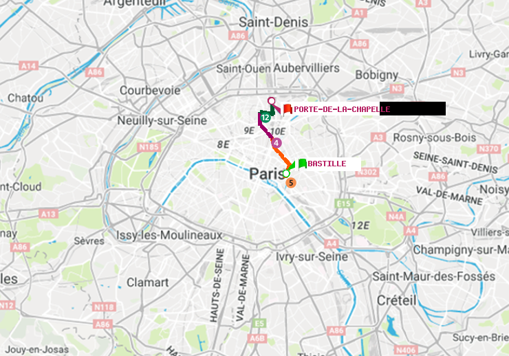 plan itinéraire ratp de Bastille à Porte de la Chapelle