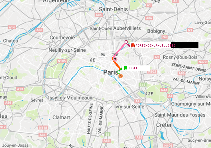 plan itinéraire ratp de Bastille à Porte de la Villette