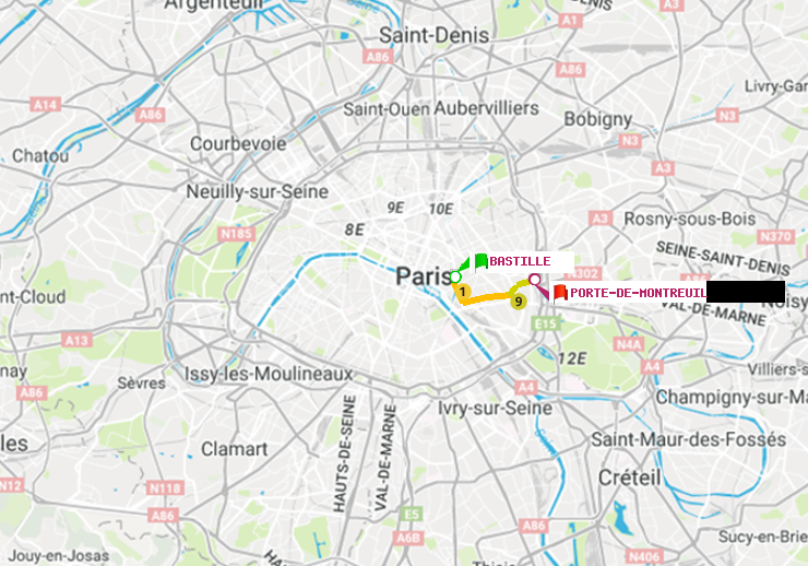 plan itinéraire ratp de Bastille à Porte de Montreuil