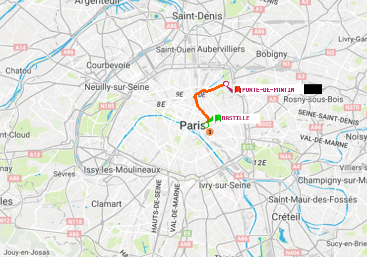 plan itinéraire ratp de Bastille à Porte de Pantin