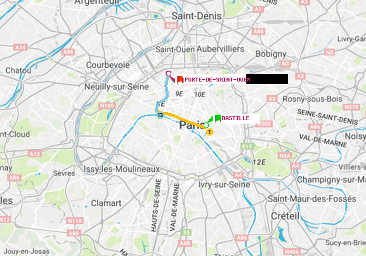 plan itinéraire ratp de Bastille à Porte de Saint-Ouen