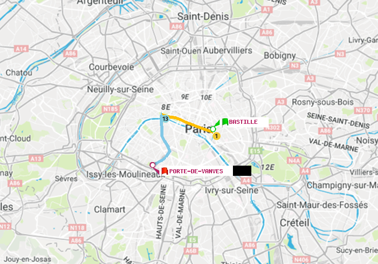 plan itinéraire ratp de Bastille à Porte de Vanves