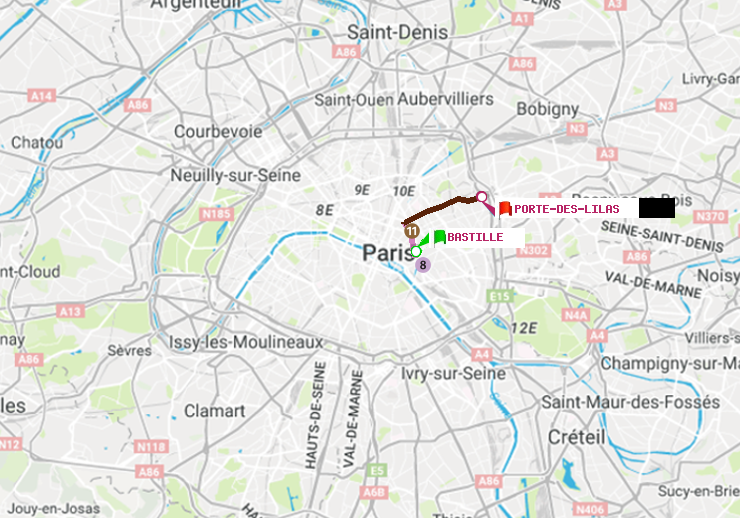 plan itinéraire ratp de Bastille à Porte des Lilas